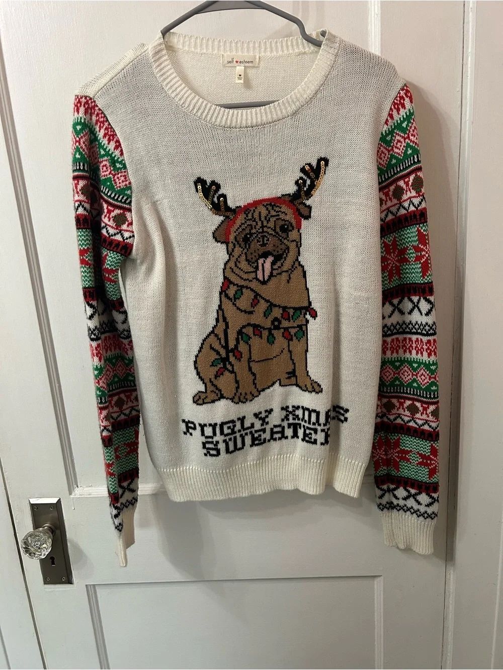 Self Esteem Cream Holiday Pug Sweater with Red & Green Patterned Sleeves